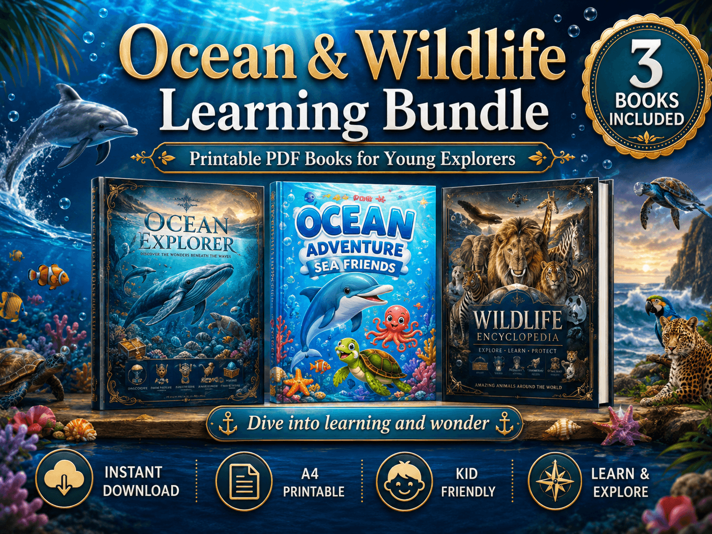 Ocean & Wildlife Learning Bundle - 3 Printable PDF Books cover