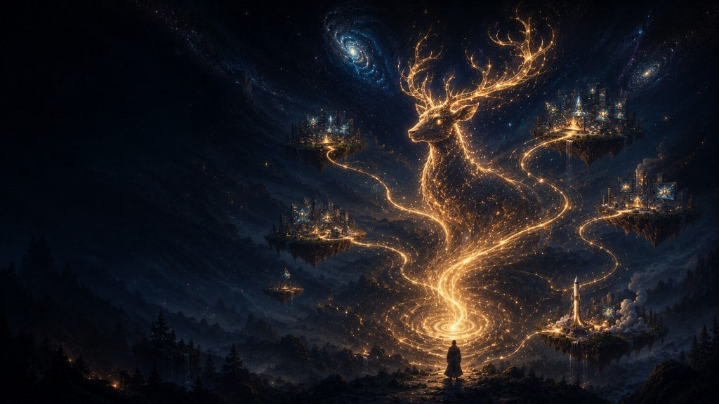 Tavro Studio cinematic hero: luminous stag surrounded by floating digital worlds